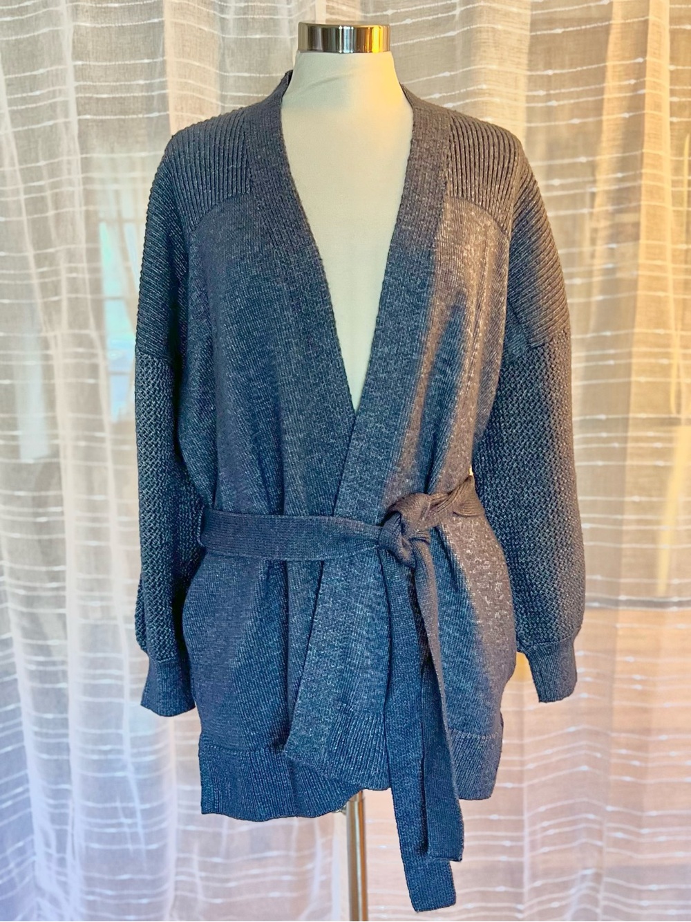 Nine West NWOT Sz XL Belted Knit Heathered Cardigan w/Balloon Sleeves Blue